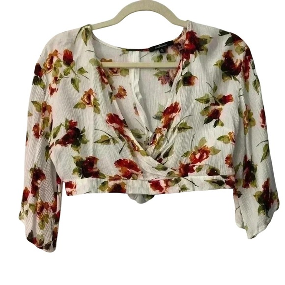 Ambiance Tops - Ambiance Floral Surplice Crop Top Red Rose White V-Neck 70961 Womens Medium